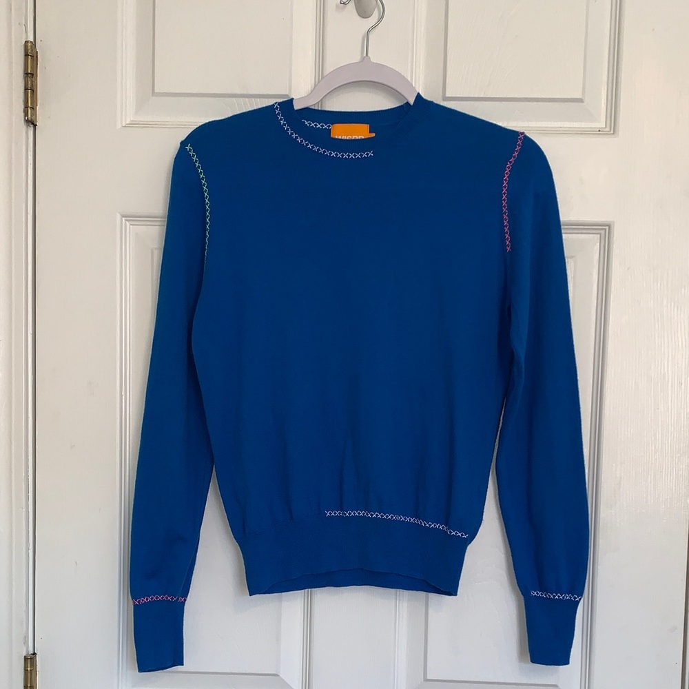 Wispr Silk blend Blue Crew Neck Sweater with colorful stitching